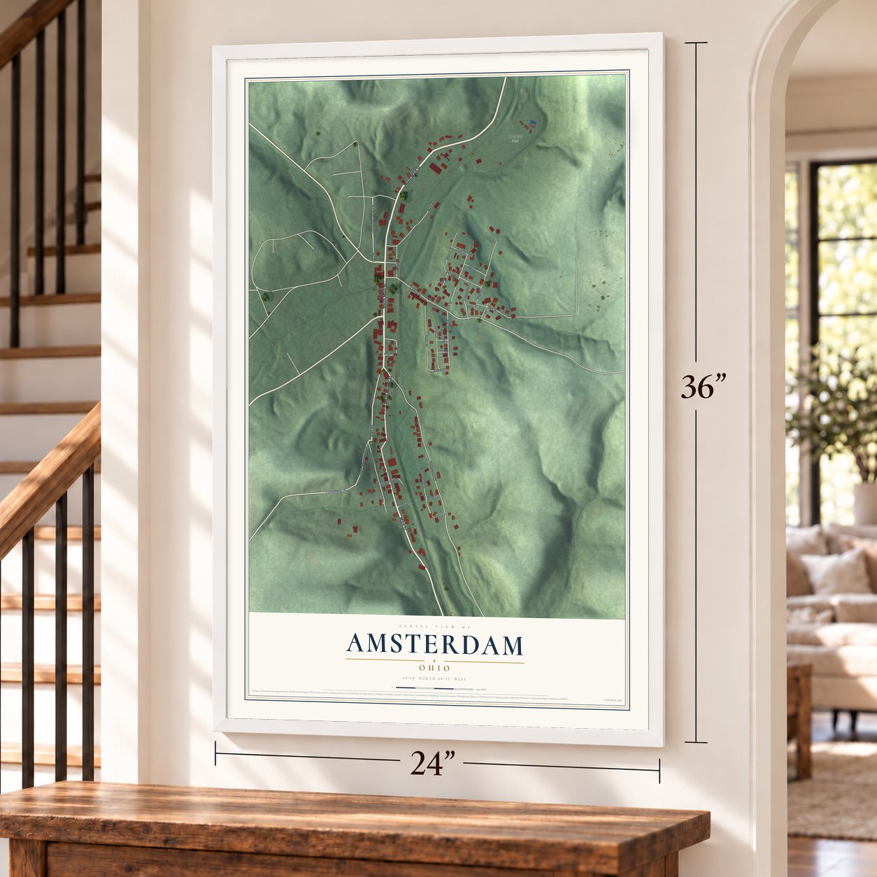 Amsterdam, Ohio map, 24 x 36 inch print in a white frame by a staircase