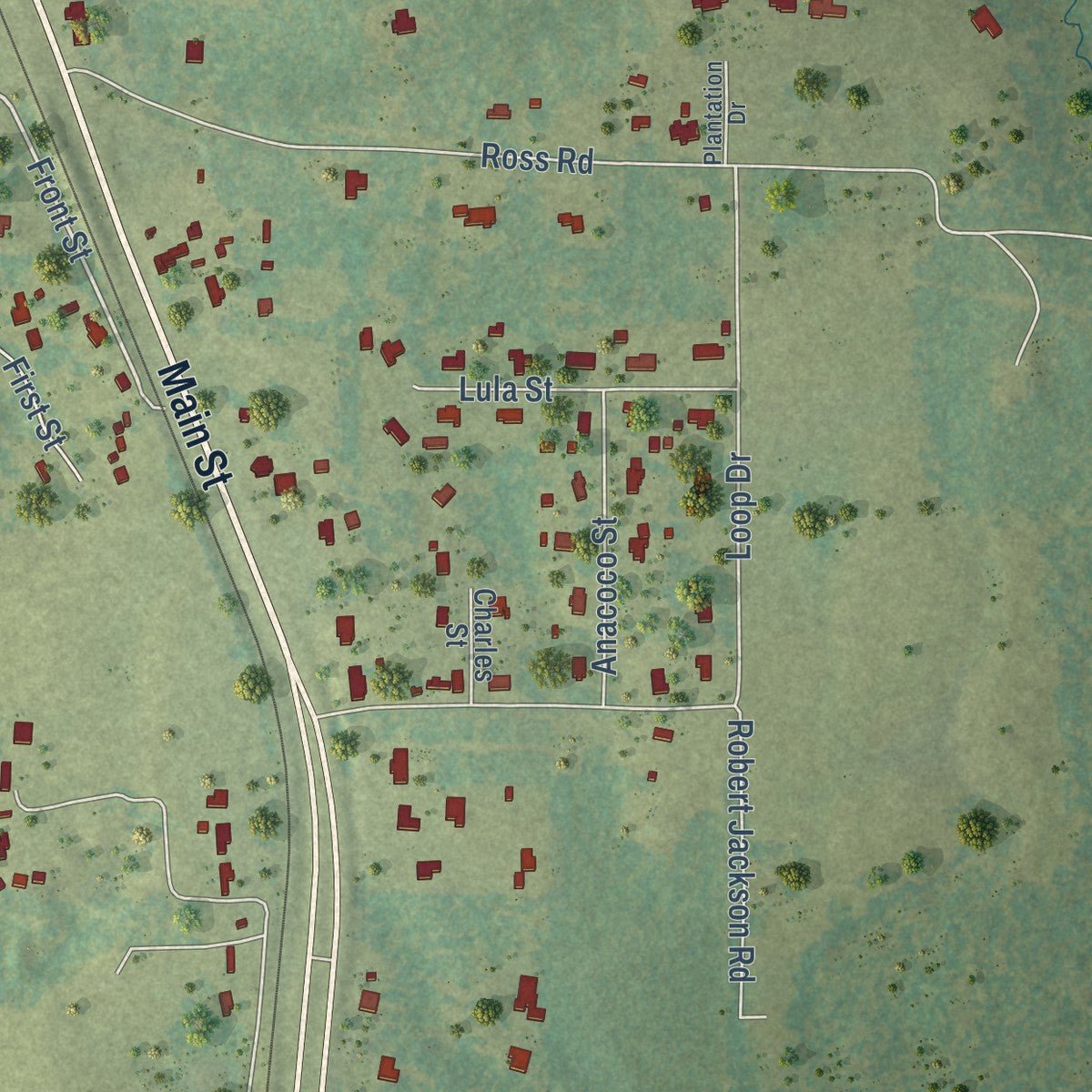 Second close-up of the map of Anacoco, Louisiana print showing more streets and buildings