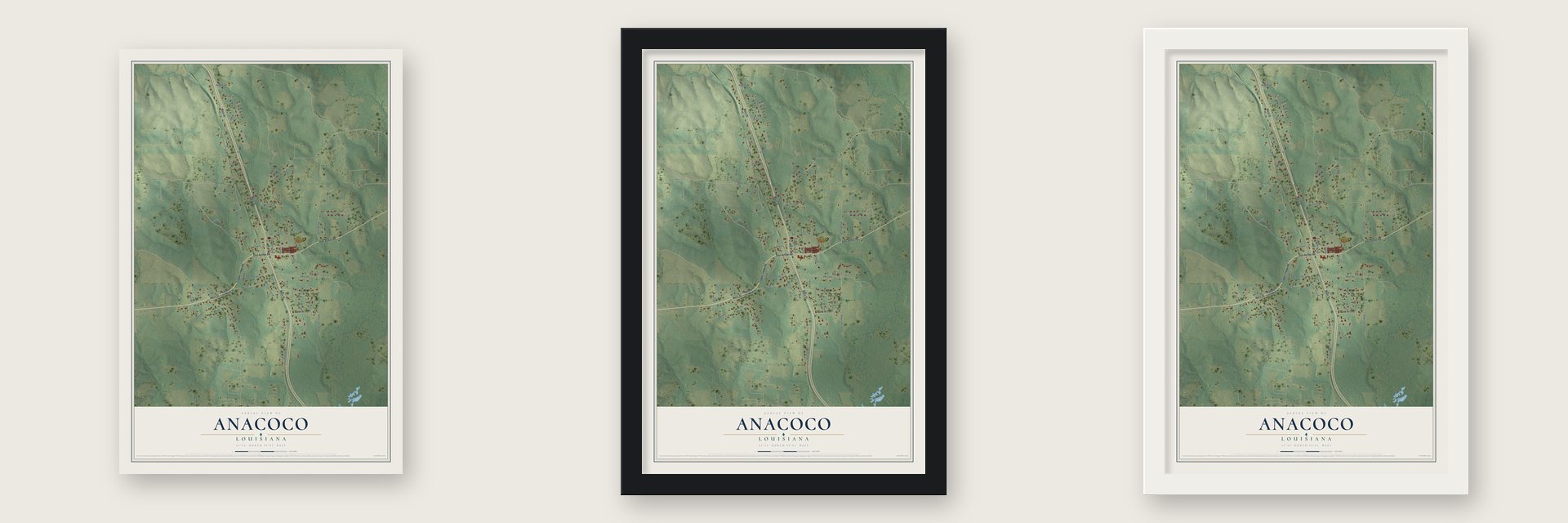 Anacoco, Louisiana map unframed, in a black wood frame and in a white wood frame