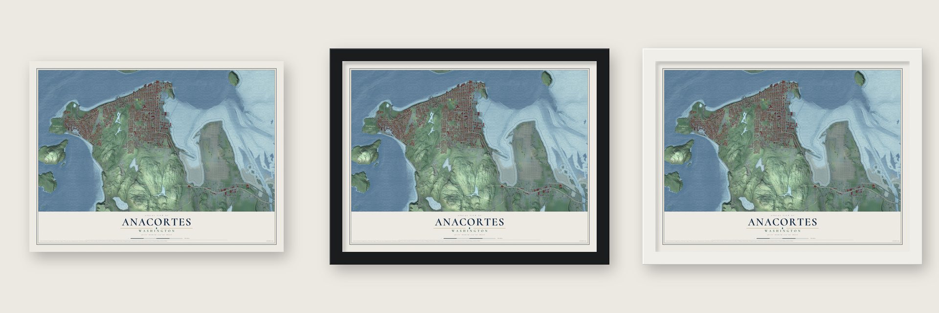 Anacortes, Washington map unframed, in a black wood frame and in a white wood frame