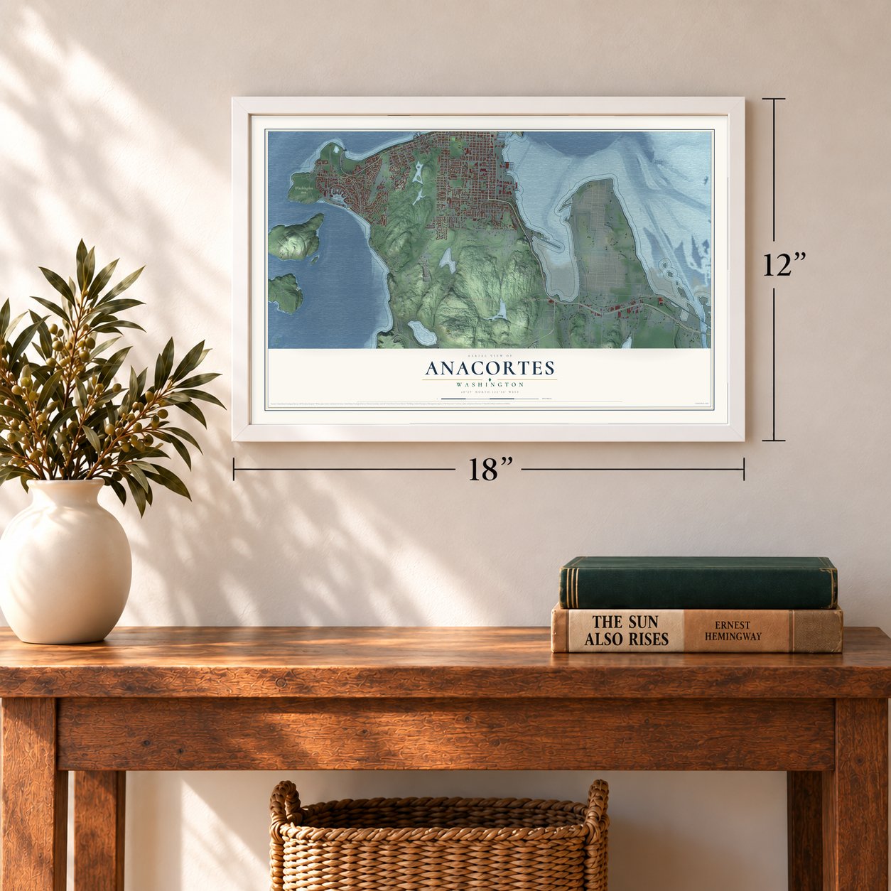 Anacortes, Washington map, 12 x 18 inch print in a white frame in an entryway