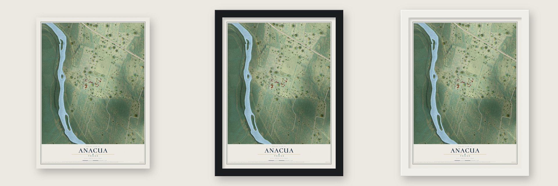 Anacua, Texas map unframed, in a black wood frame and in a white wood frame