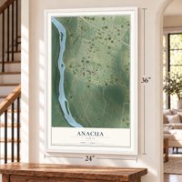 Anacua, Texas map, 24 x 36 inch print in a white frame by a staircase