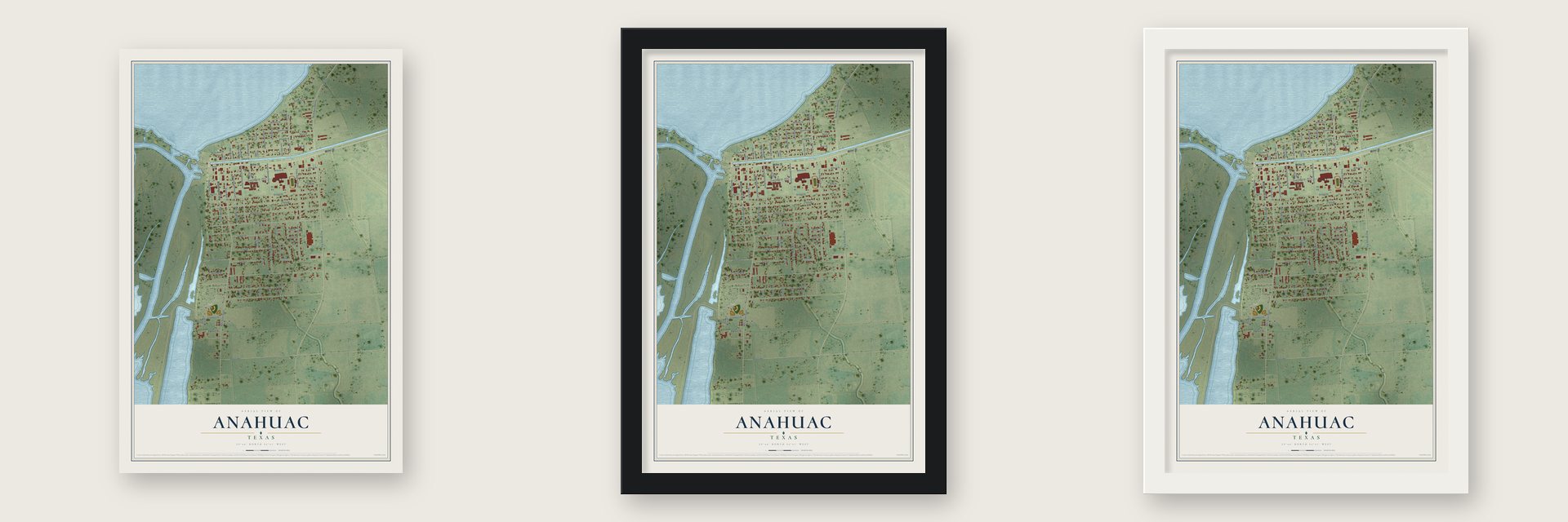 Anahuac, Texas map unframed, in a black wood frame and in a white wood frame