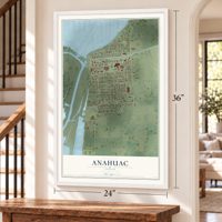 Anahuac, Texas map, 24 x 36 inch print in a white frame by a staircase