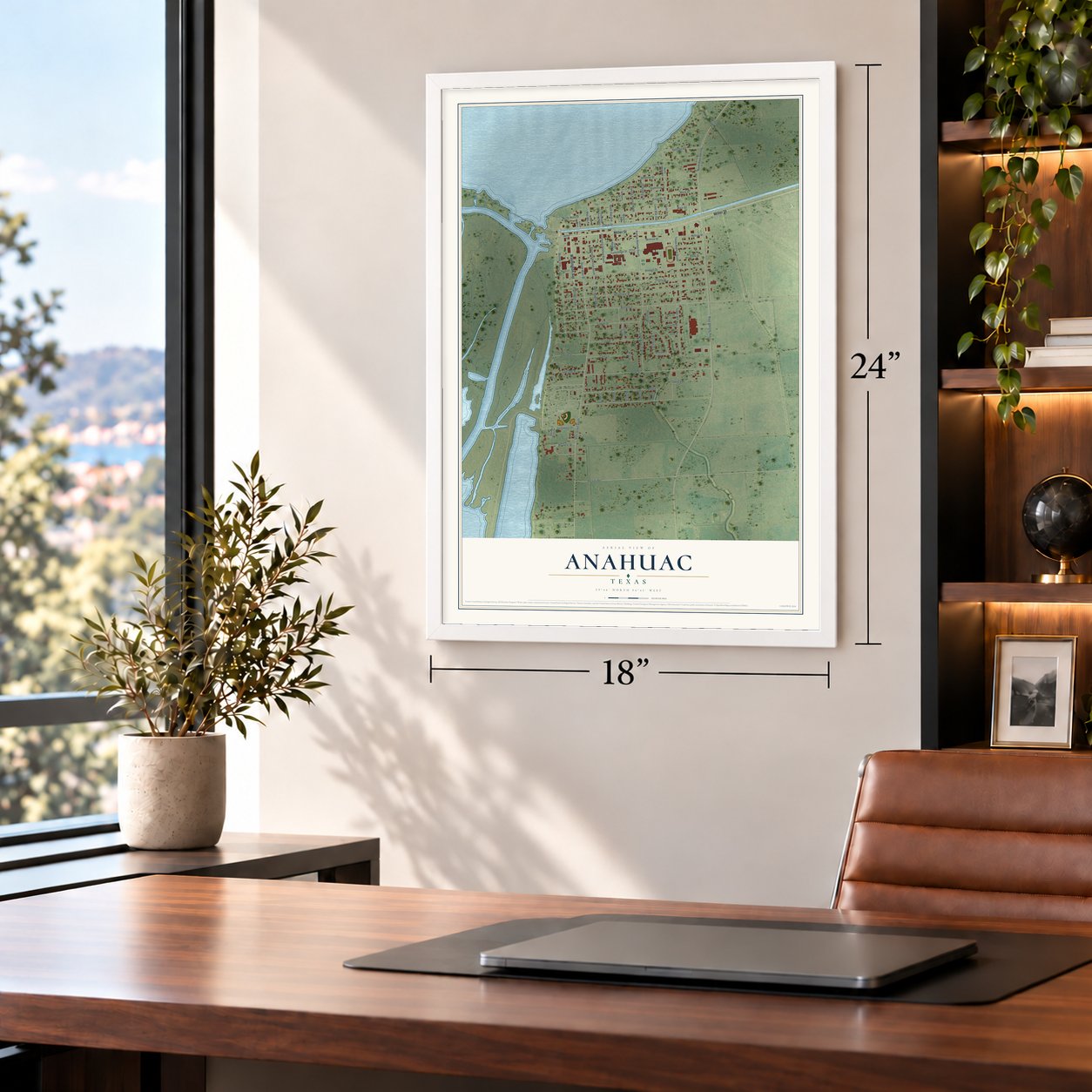 Anahuac, Texas map, 18 x 24 inch print in a white frame in a home office