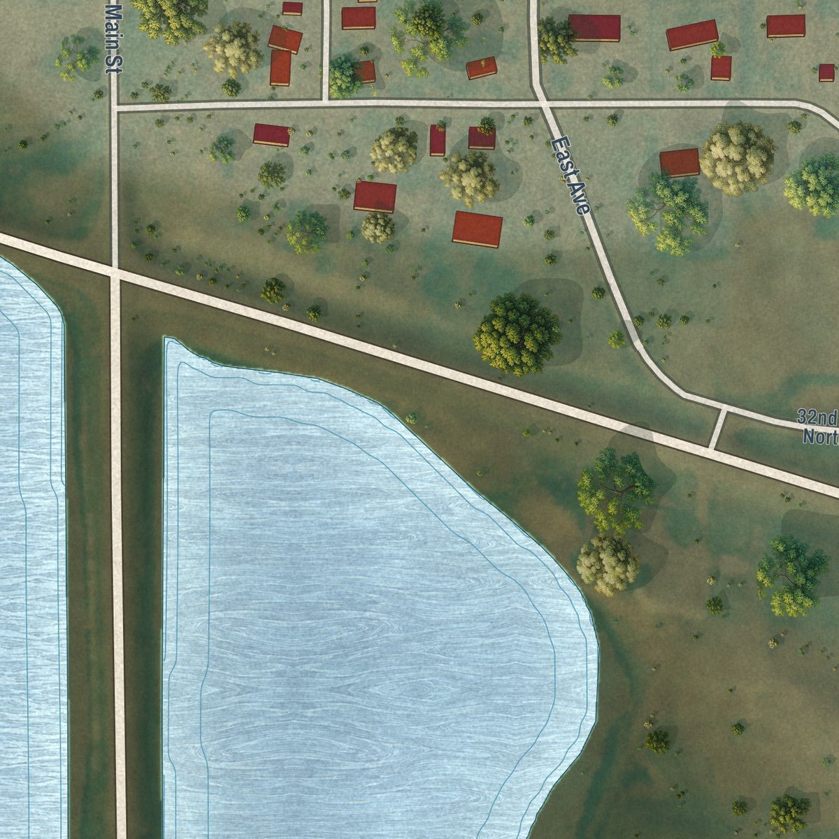 Second close-up of the map of Anamoose, North Dakota print showing more streets and buildings