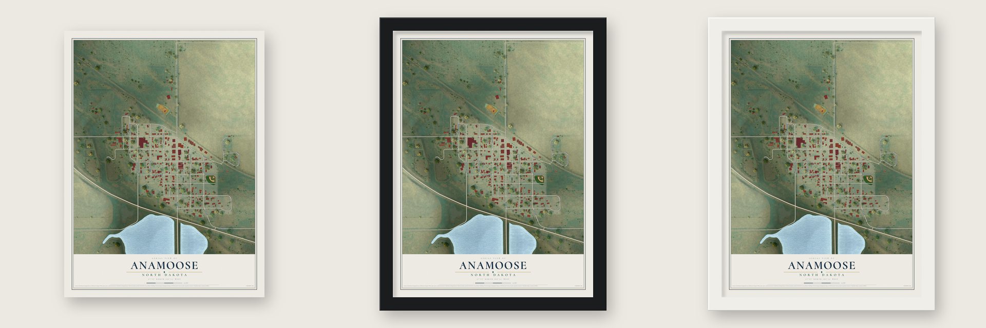 Anamoose, North Dakota map unframed, in a black wood frame and in a white wood frame
