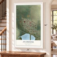 Anamoose, North Dakota map, 24 x 36 inch print in a white frame by a staircase