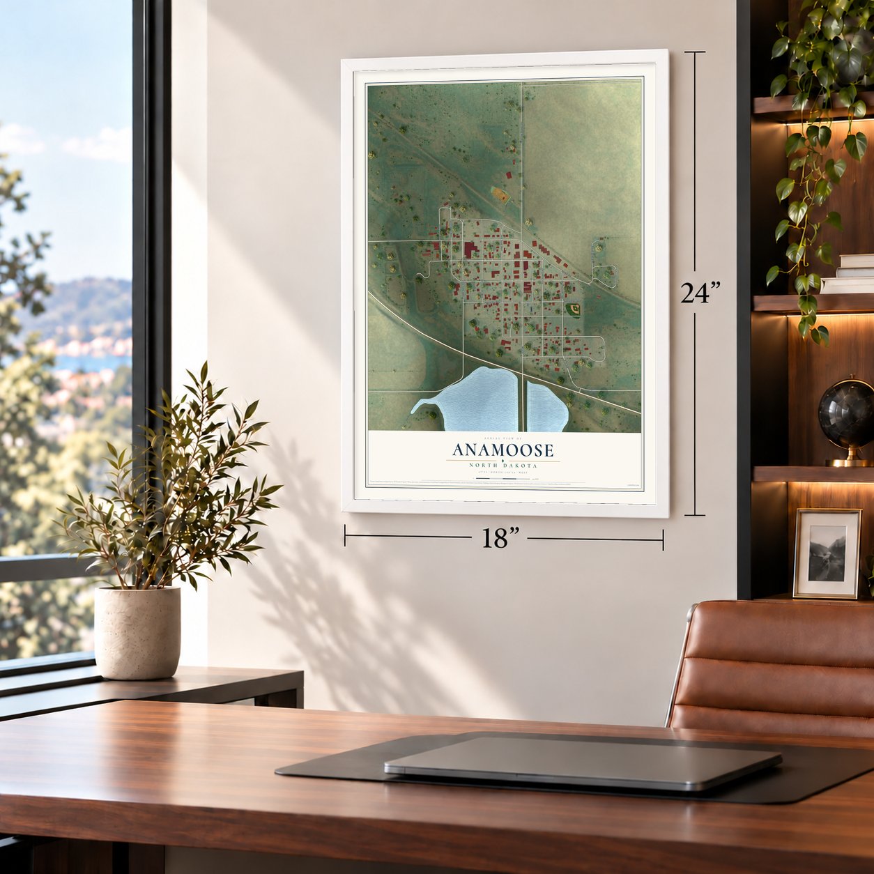 Anamoose, North Dakota map, 18 x 24 inch print in a white frame in a home office