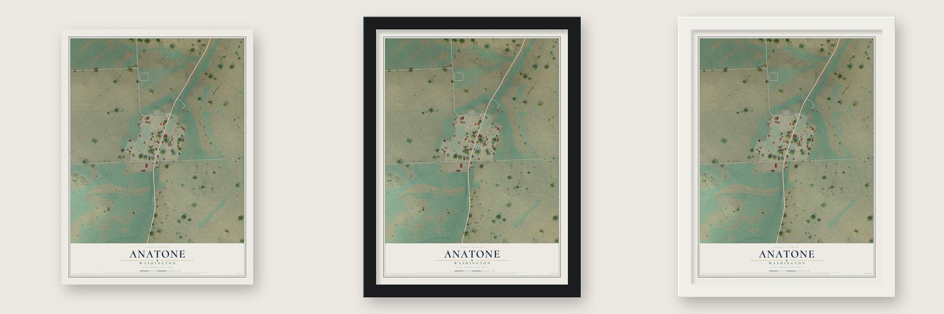 Anatone, Washington map unframed, in a black wood frame and in a white wood frame