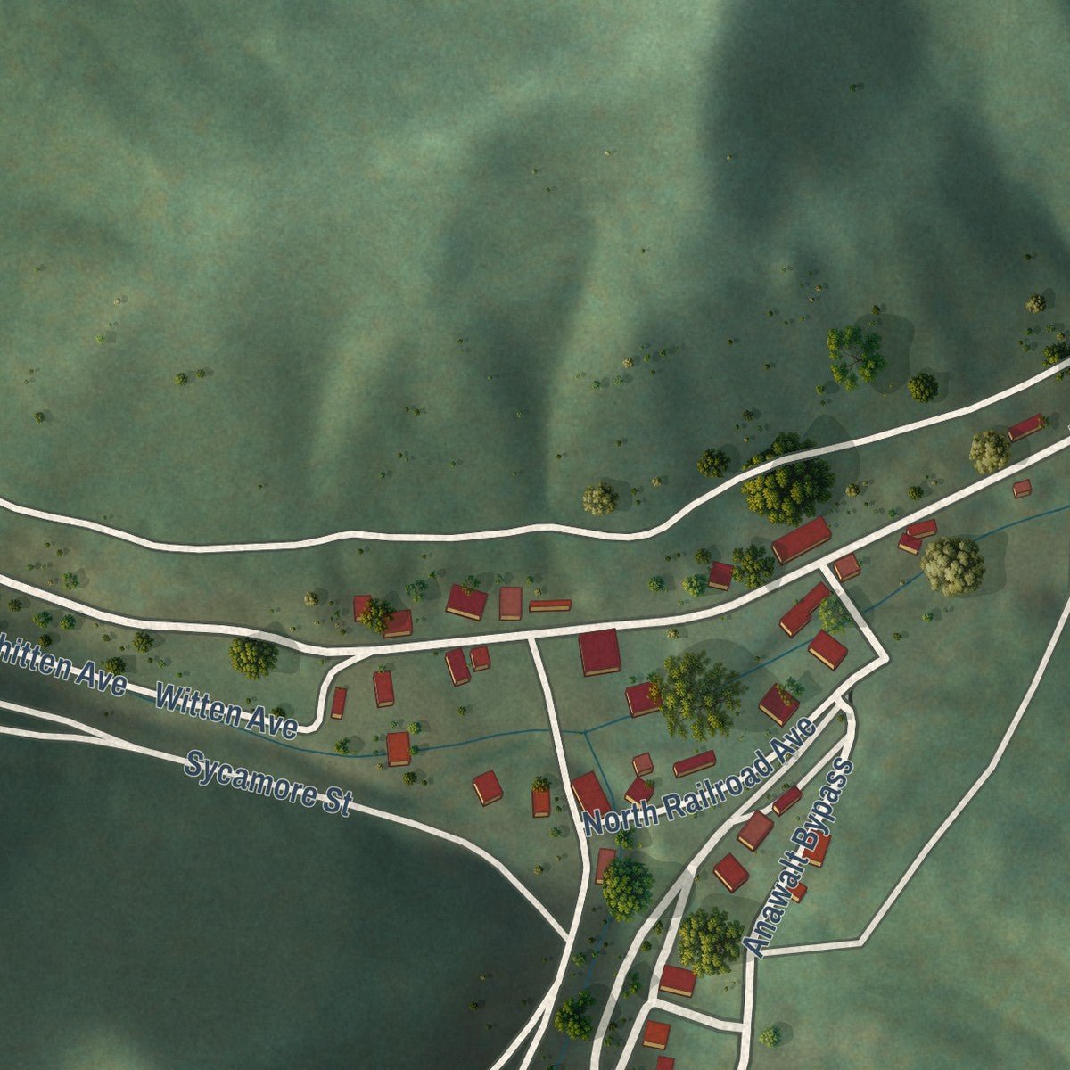 Second close-up of the map of Anawalt, West Virginia print showing more streets and buildings
