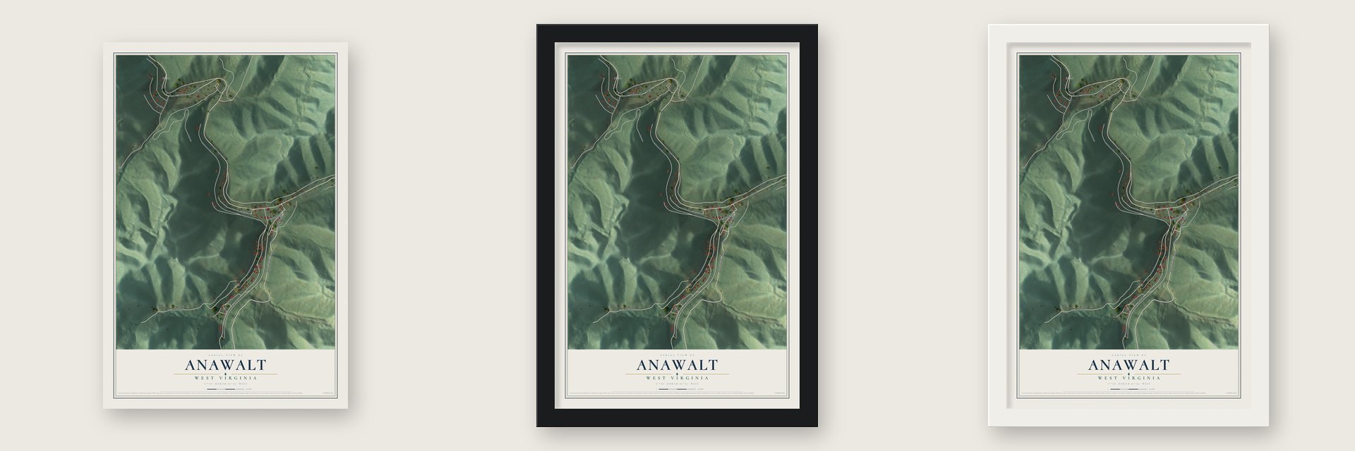 Anawalt, West Virginia map unframed, in a black wood frame and in a white wood frame
