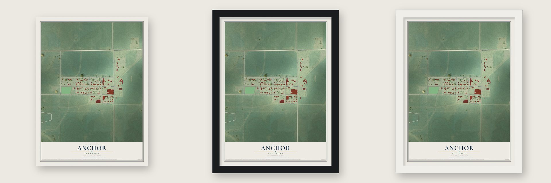 Anchor, Illinois map unframed, in a black wood frame and in a white wood frame