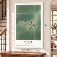Anchor, Illinois map, 24 x 36 inch print in a white frame by a staircase