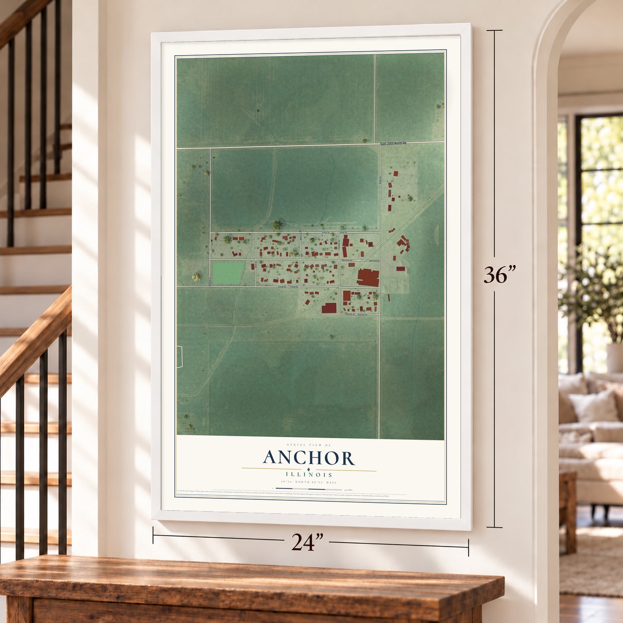 Anchor, Illinois map, 24 x 36 inch print in a white frame by a staircase