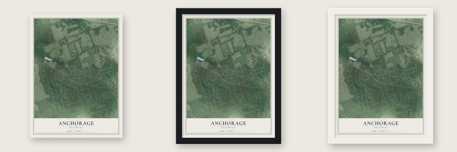 Anchorage, Kentucky map unframed, in a black wood frame and in a white wood frame