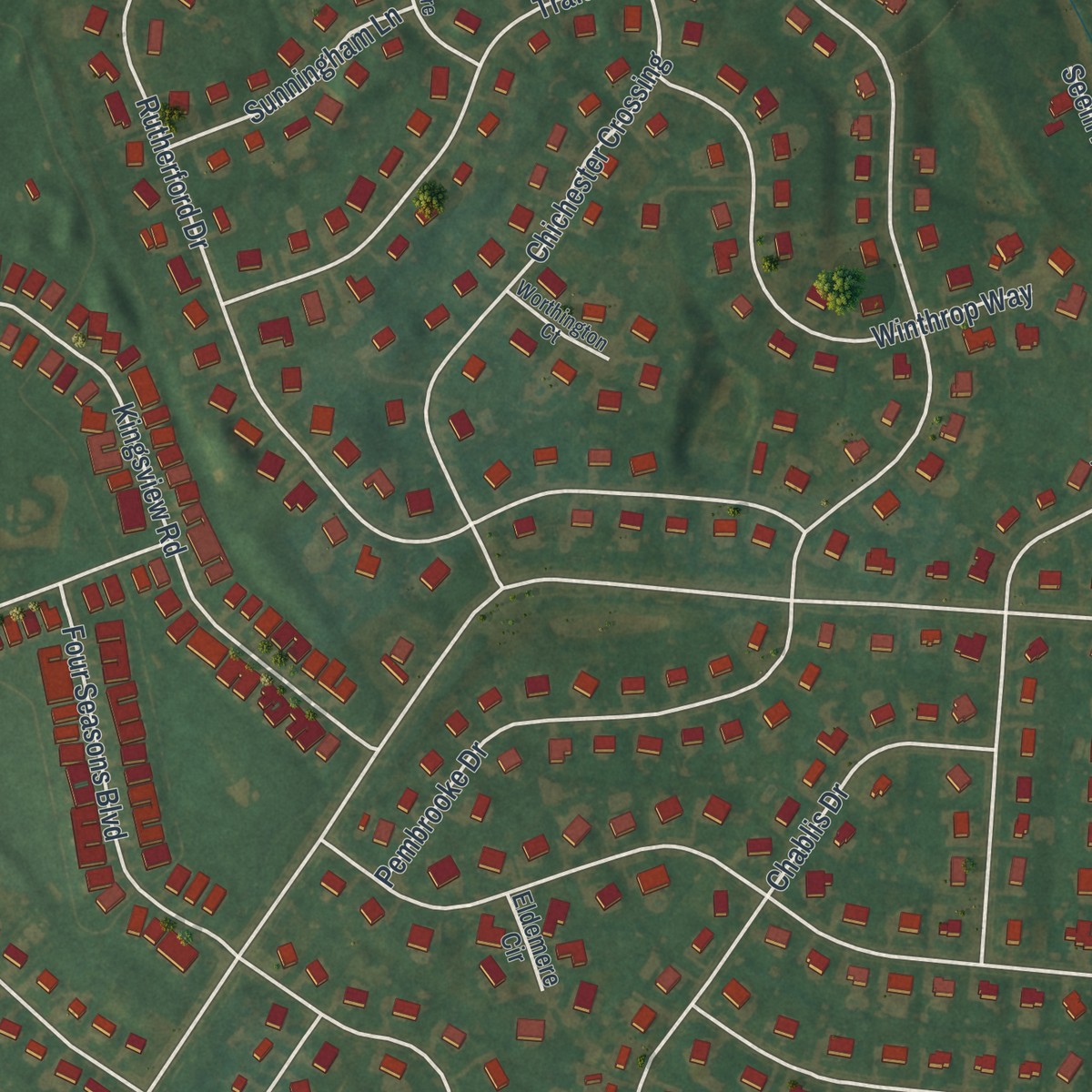 Second close-up of the map of Ancient Oaks, Pennsylvania print showing more streets and buildings