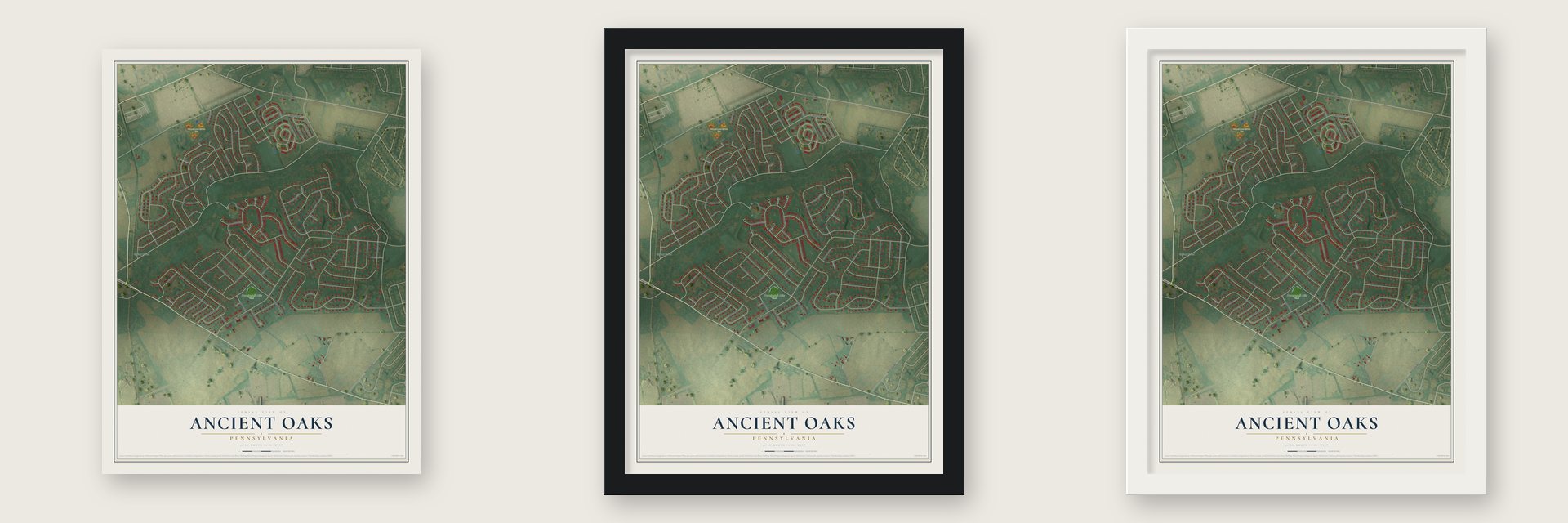 Ancient Oaks, Pennsylvania map unframed, in a black wood frame and in a white wood frame