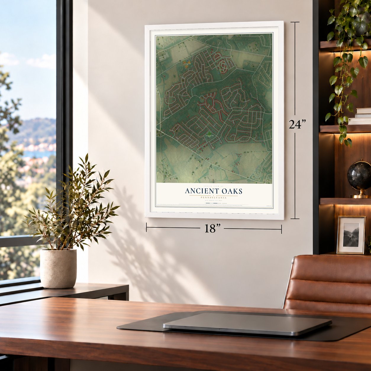 Ancient Oaks, Pennsylvania map, 18 x 24 inch print in a white frame in a home office