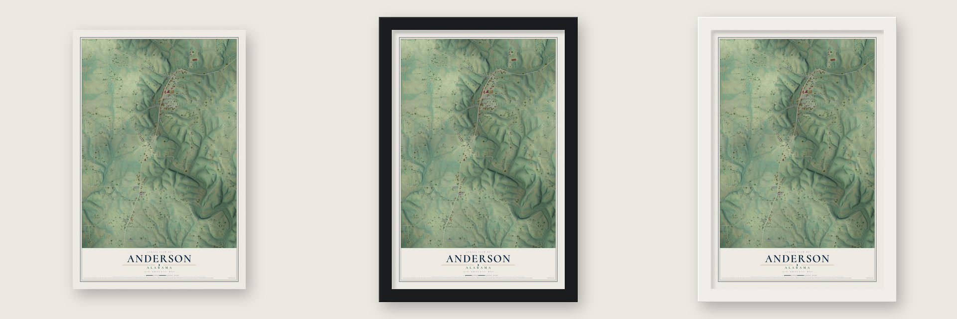 Anderson, Alabama map unframed, in a black wood frame and in a white wood frame
