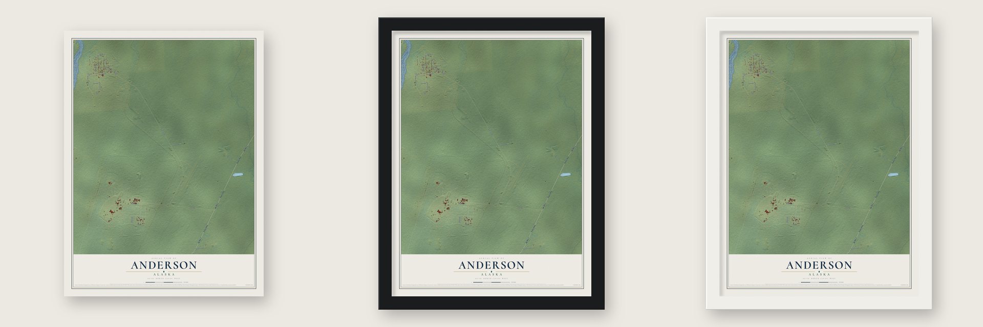 Anderson, Alaska map unframed, in a black wood frame and in a white wood frame