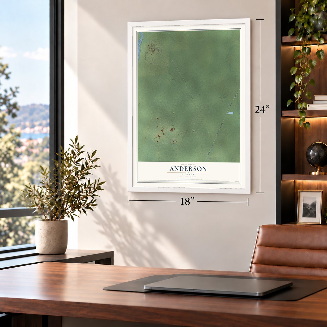Anderson, Alaska map, 18 x 24 inch print in a white frame in a home office