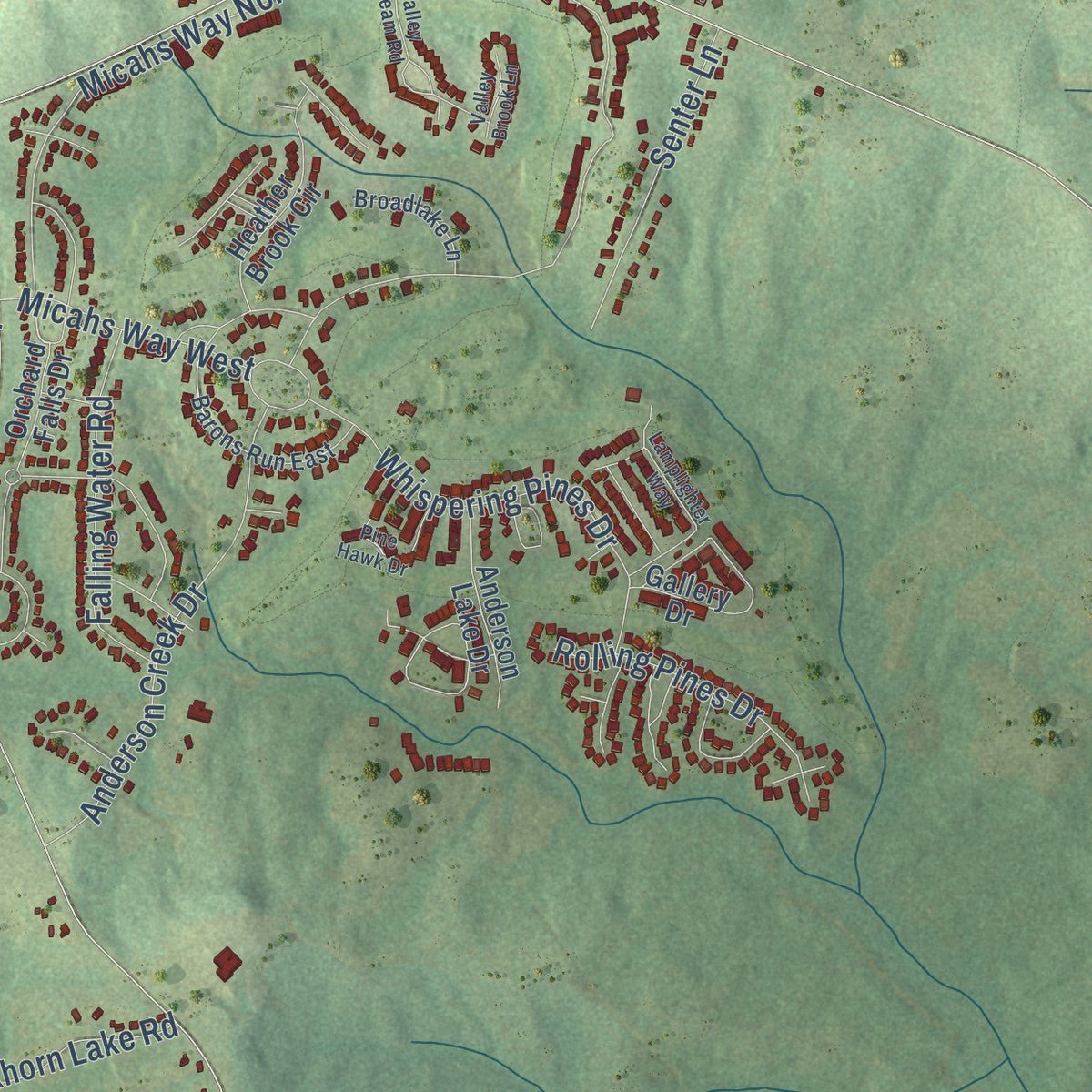 Second close-up of the map of Anderson Creek, North Carolina print showing more streets and buildings