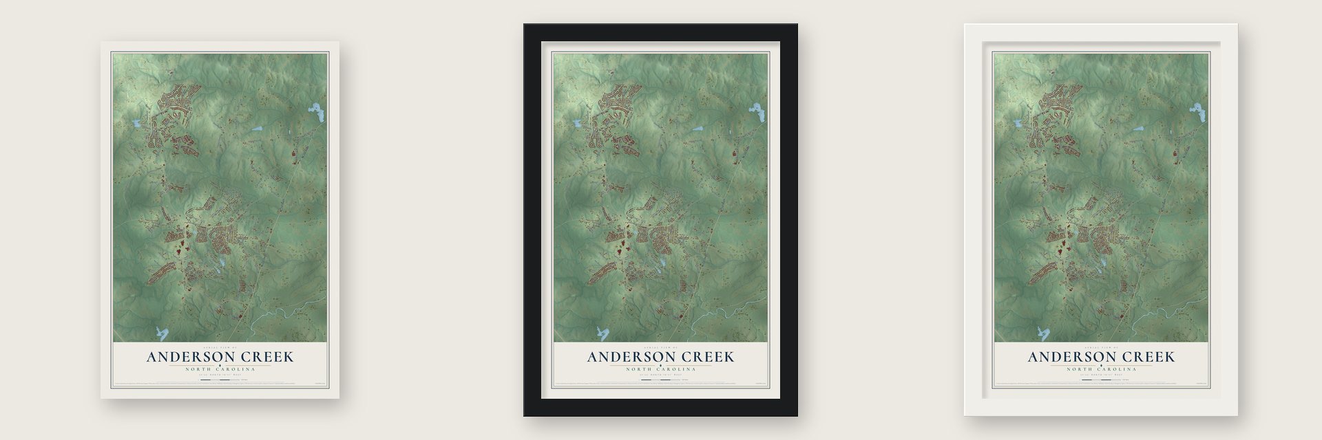 Anderson Creek, North Carolina map unframed, in a black wood frame and in a white wood frame