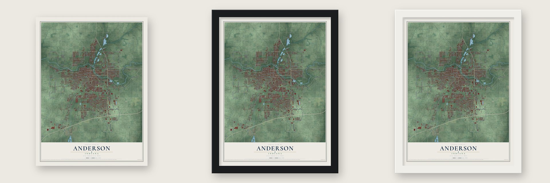 Anderson, Indiana map unframed, in a black wood frame and in a white wood frame