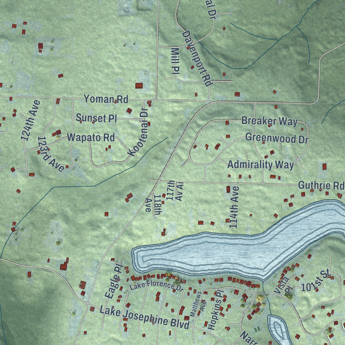 Second close-up of the map of Anderson Island, Washington print showing more streets and buildings