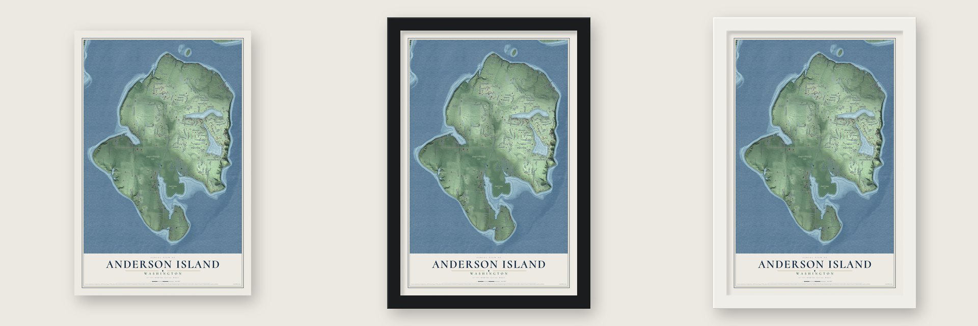 Anderson Island, Washington map unframed, in a black wood frame and in a white wood frame