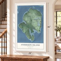 Anderson Island, Washington map, 24 x 36 inch print in a white frame by a staircase