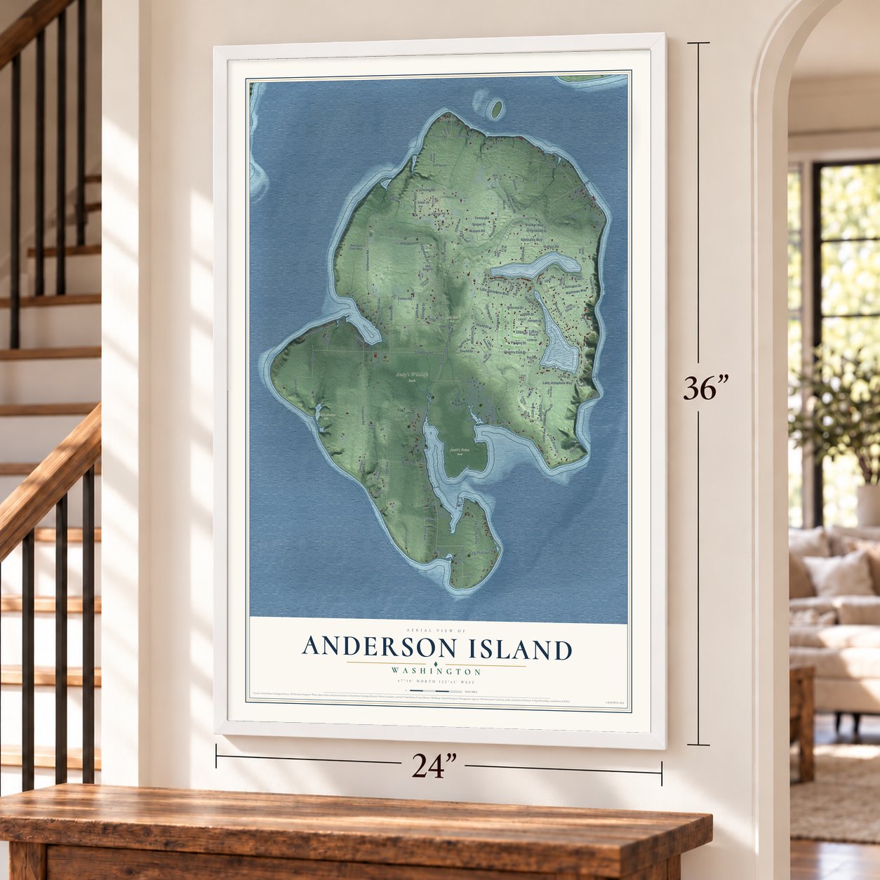 Anderson Island, Washington map, 24 x 36 inch print in a white frame by a staircase