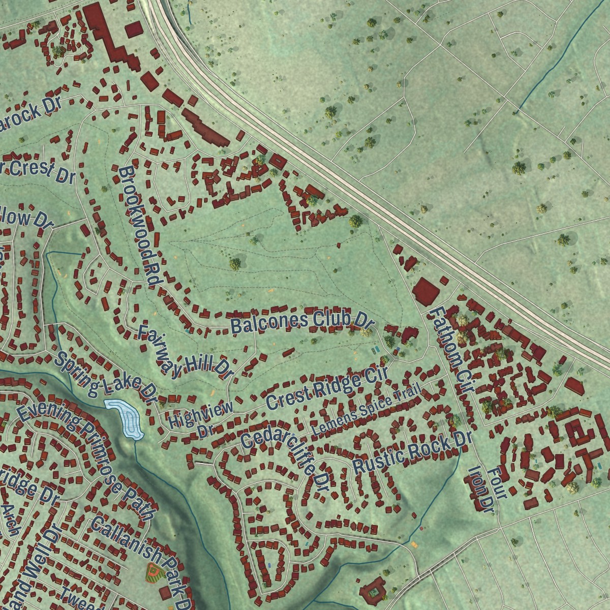 Second close-up of the map of Anderson Mill, Texas print showing more streets and buildings