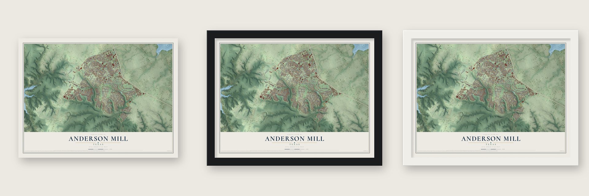Anderson Mill, Texas map unframed, in a black wood frame and in a white wood frame