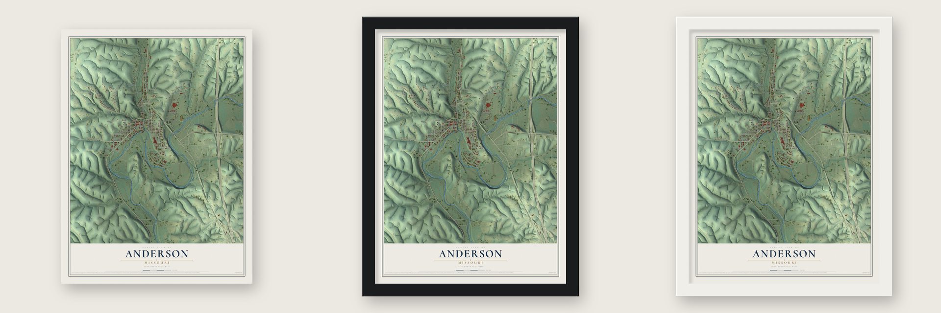 Anderson, Missouri map unframed, in a black wood frame and in a white wood frame