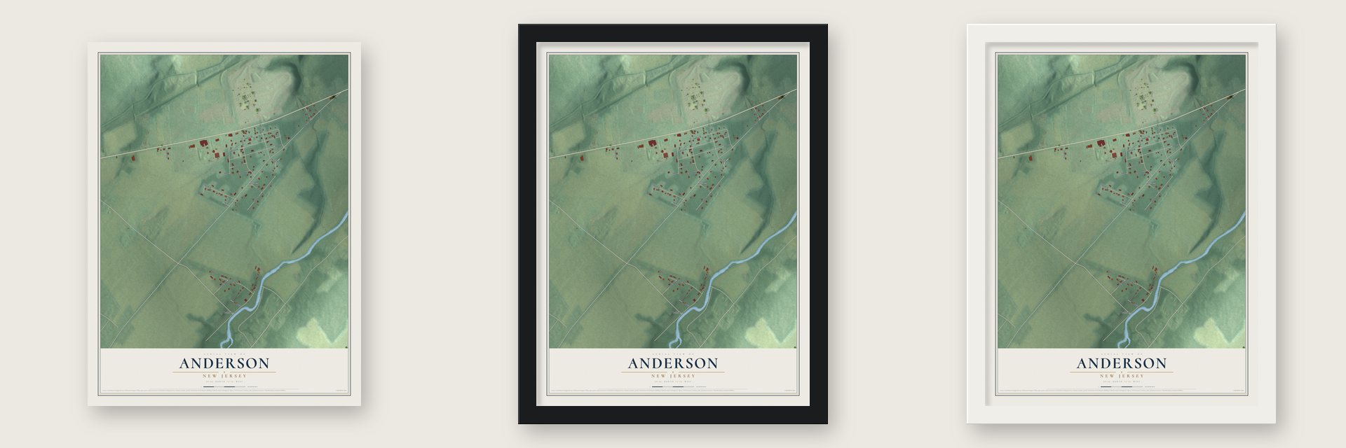 Anderson, New Jersey map unframed, in a black wood frame and in a white wood frame
