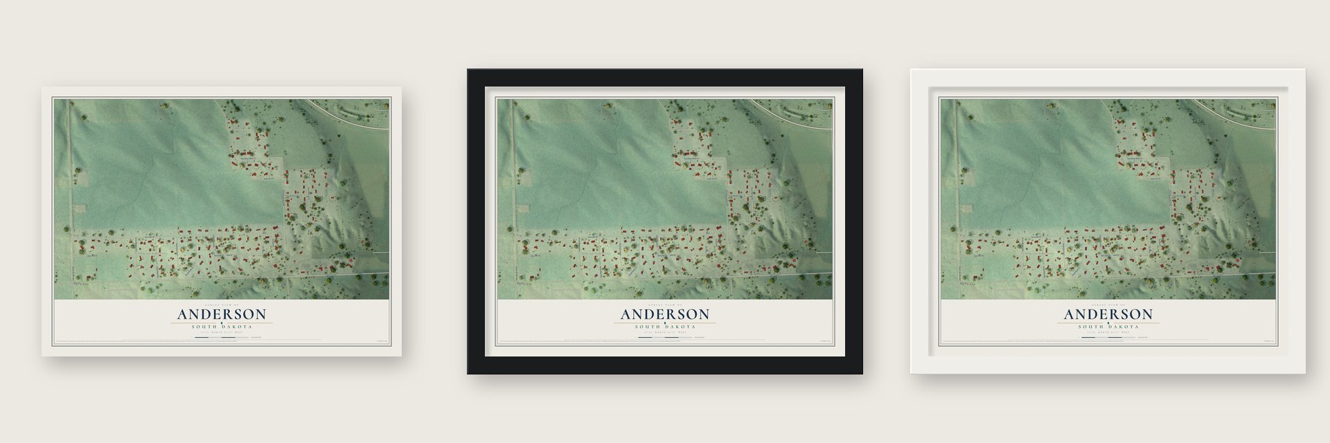 Anderson, South Dakota map unframed, in a black wood frame and in a white wood frame