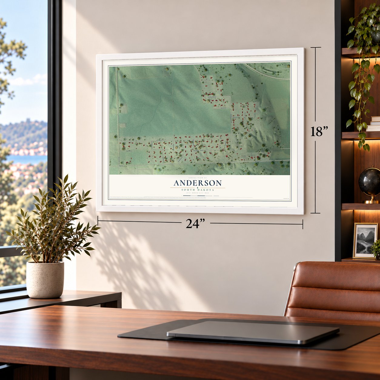 Anderson, South Dakota map, 18 x 24 inch print in a white frame in a home office