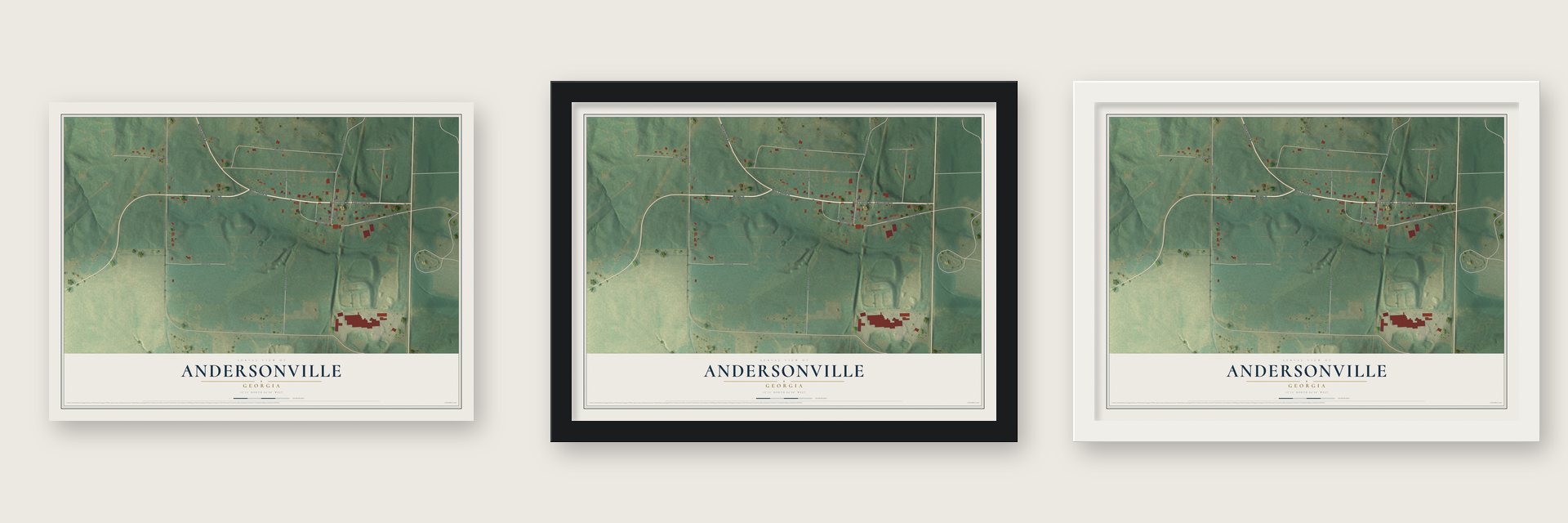 Andersonville, Georgia map unframed, in a black wood frame and in a white wood frame