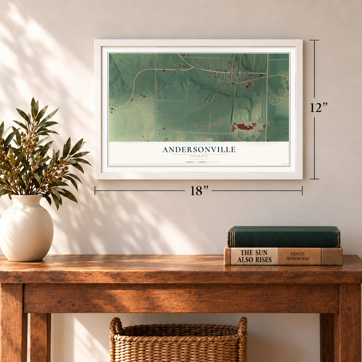 Andersonville, Georgia map, 12 x 18 inch print in a white frame in an entryway