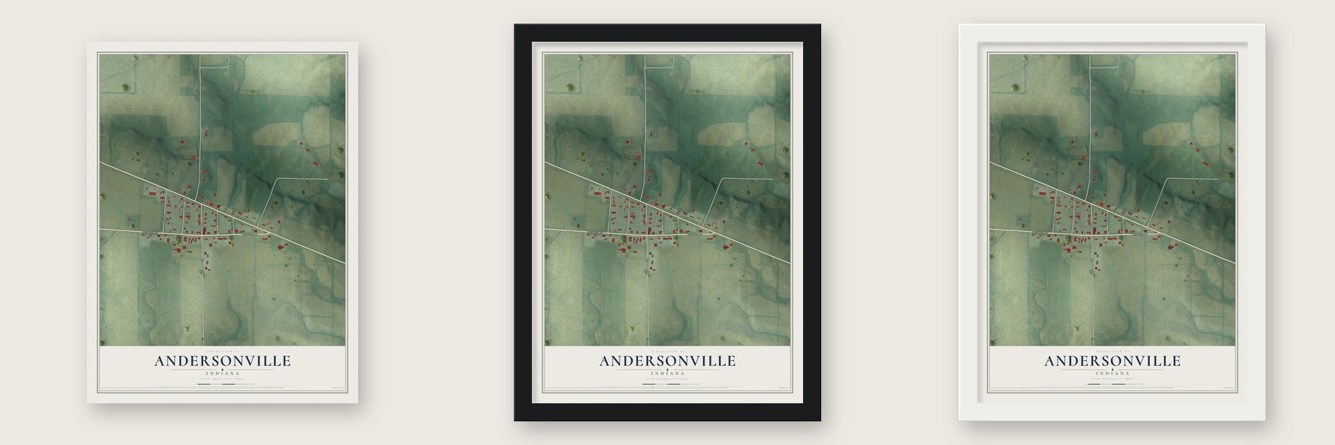 Andersonville, Indiana map unframed, in a black wood frame and in a white wood frame