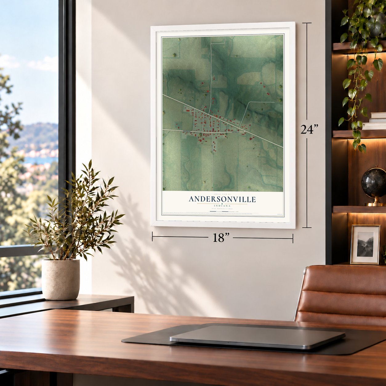 Andersonville, Indiana map, 18 x 24 inch print in a white frame in a home office
