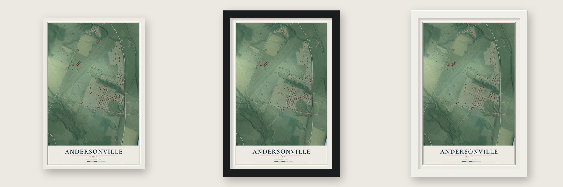 Andersonville, Ohio map unframed, in a black wood frame and in a white wood frame