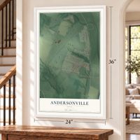 Andersonville, Ohio map, 24 x 36 inch print in a white frame by a staircase