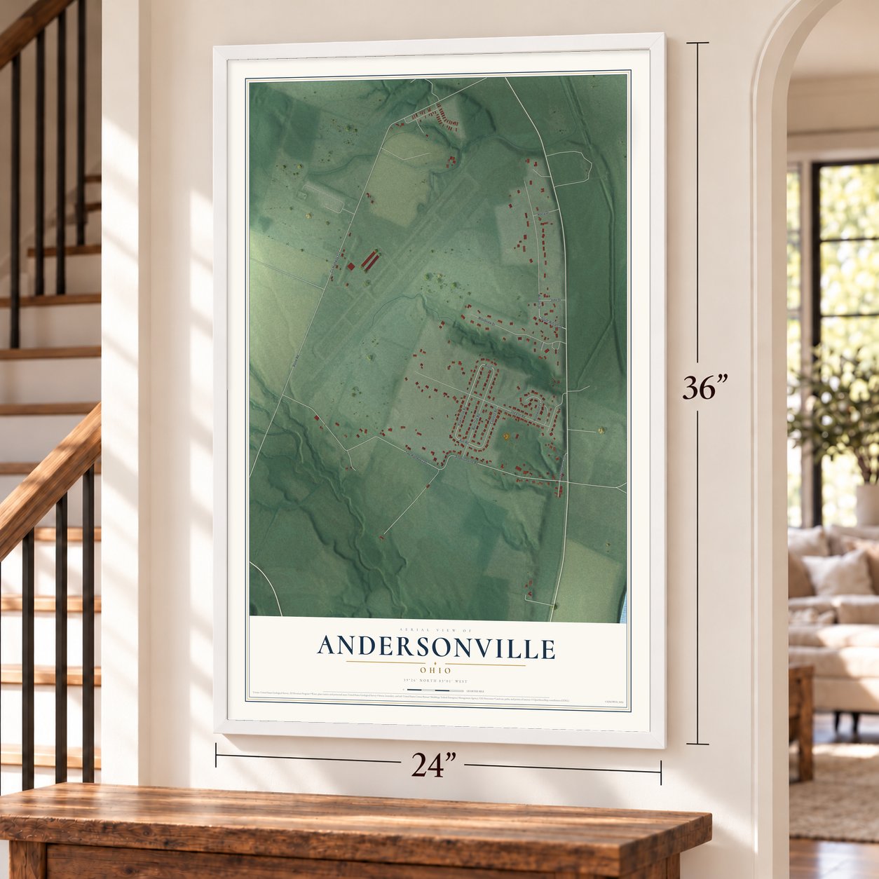 Andersonville, Ohio map, 24 x 36 inch print in a white frame by a staircase