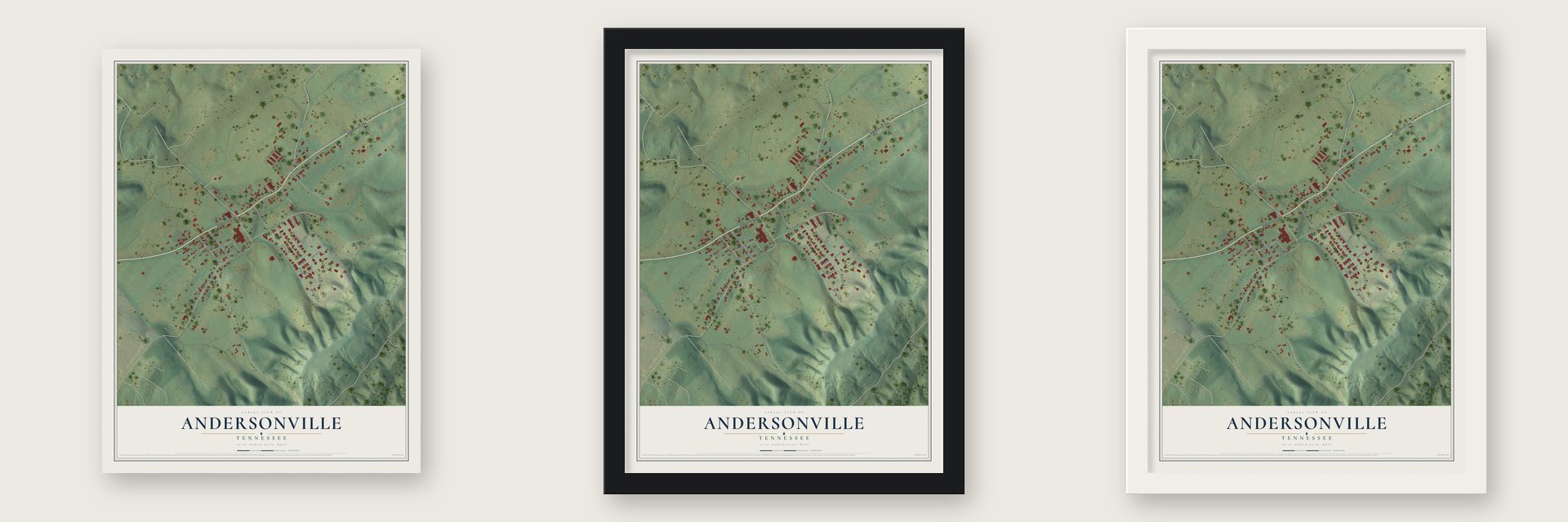 Andersonville, Tennessee map unframed, in a black wood frame and in a white wood frame