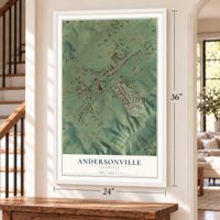 Andersonville, Tennessee map, 24 x 36 inch print in a white frame by a staircase