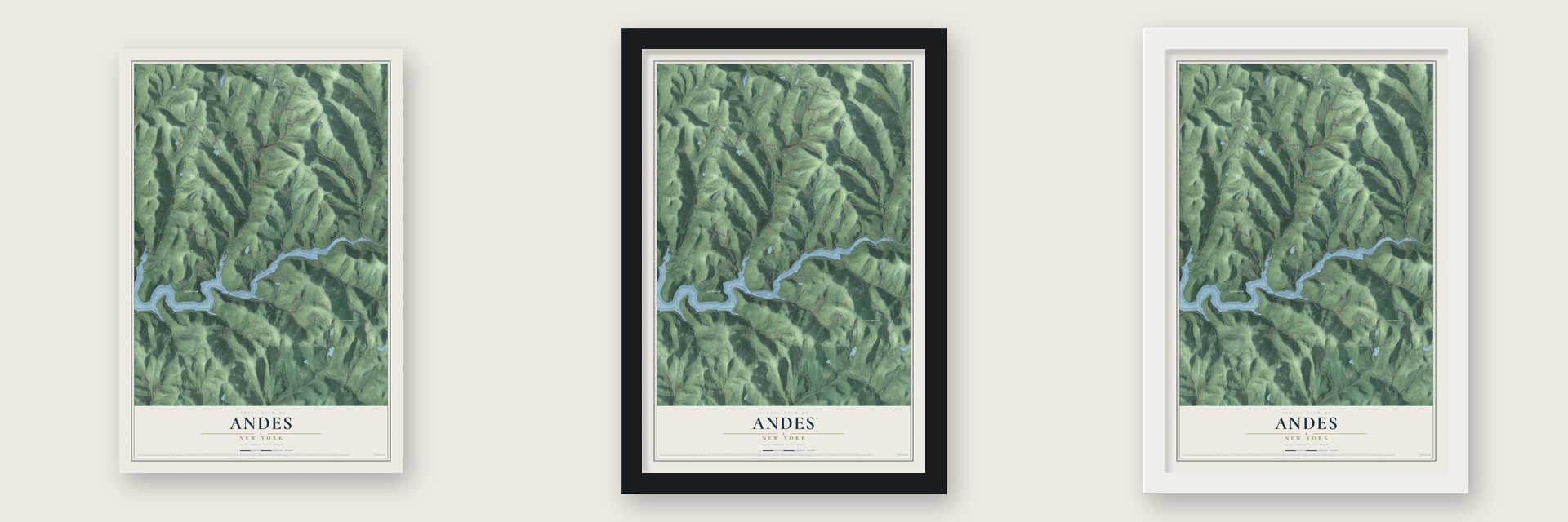 Andes, New York map unframed, in a black wood frame and in a white wood frame